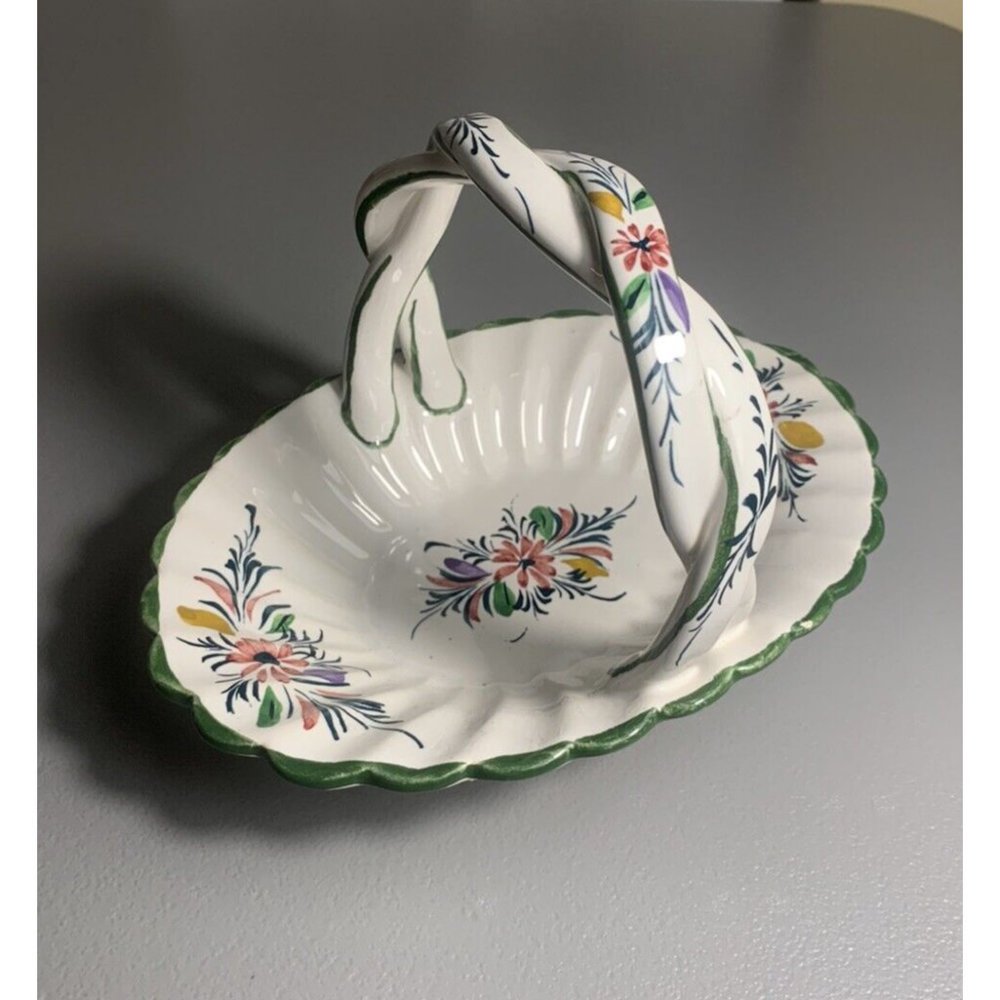 RC & CL Portugal Hand Painted Ceramic Basket Oval White Floral Twisted Handle